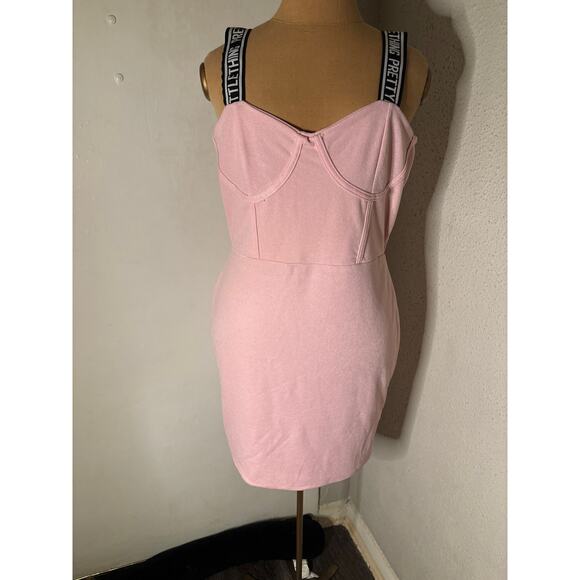PRETTYLITTLETHING Pink Strap Logo Detail Bodycon Sheath Dress 14 Casual Barbie - Picture 1 of 12